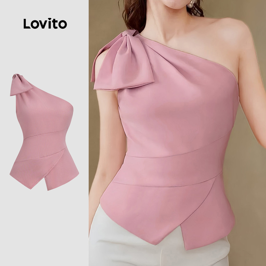 Lovito Top Casual com Laço Assimétrico Ombro Frio Primavera/verão Rosa para Mulheres L178ED894