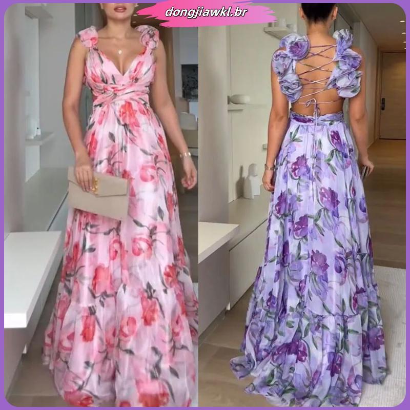 Popular 2025 primavera verão novo estilo Chiffon babados vestido estampado férias vestido plissado feminino