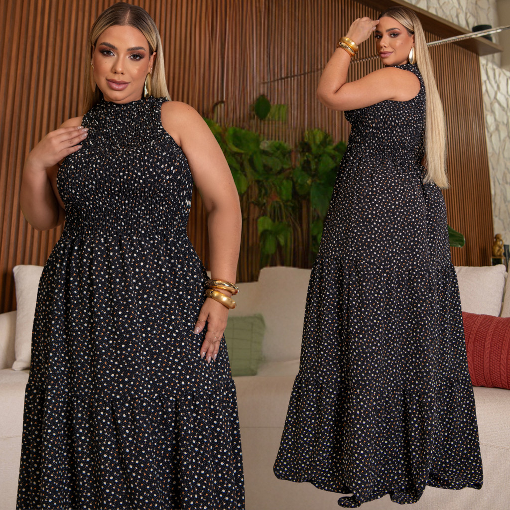 vestido cavado longo Plus Size Moda Maior  Evangélica Cavado 3 Marias no Crepe Dunas casual mulher verão tendência