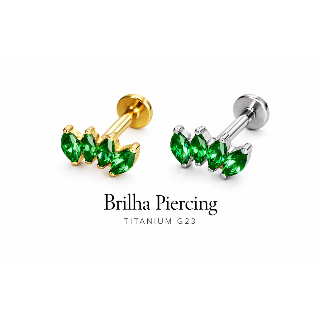 【Brilha】Piercing Labret Zircônia Verde Navete Titânio G23 Feminino Elegante Luxo Fileira Brilho Antialérgico