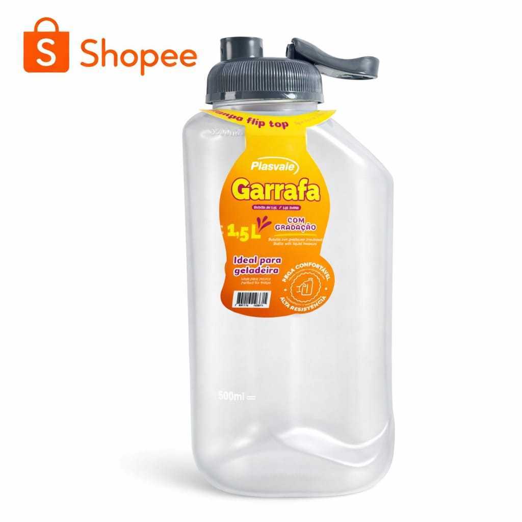 Garrafa Plástica 1,5L Plasvale Tampa Flip Cinza – Kit com 1/2/5/10 Unidades