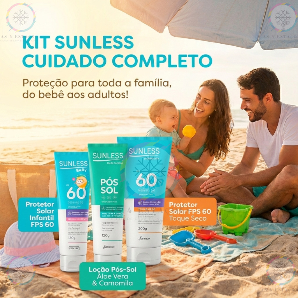 Kit Protetor Solar FPS 60 Adulto + Protetor Solar Baby 60Fps + Pós-Sol Sunless
