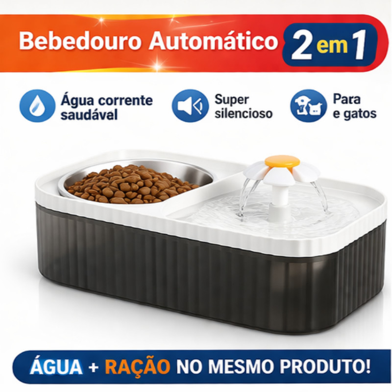 Bebedouro Automático para Gatos e Cachorros Tigela de Ração 2 em 1 Fonte de Água Silenciosa 3 Litro