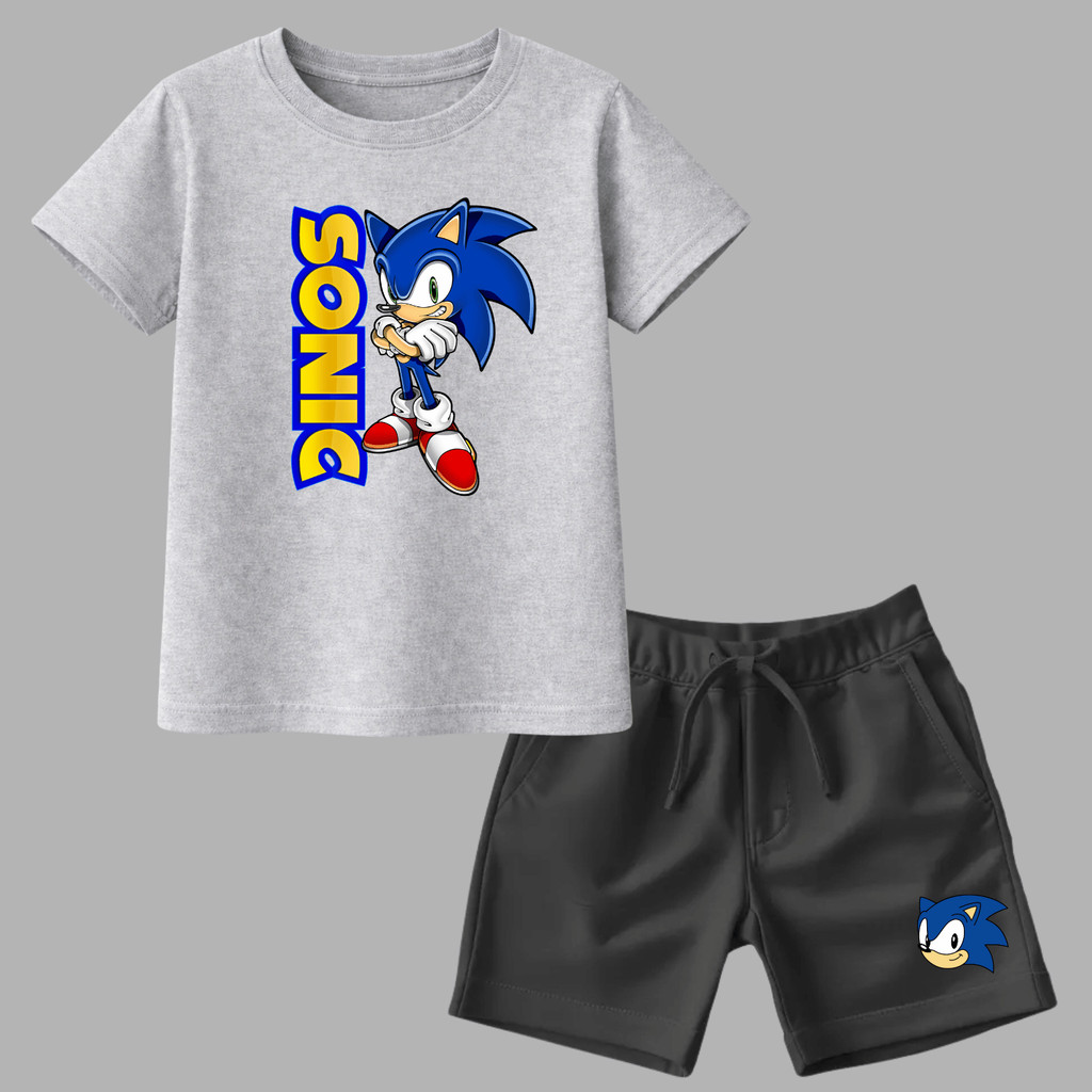Conjunto Kit Infantil Short Moletinho + Camiseta Algodão Sonic Corredor Criança Moda Kids