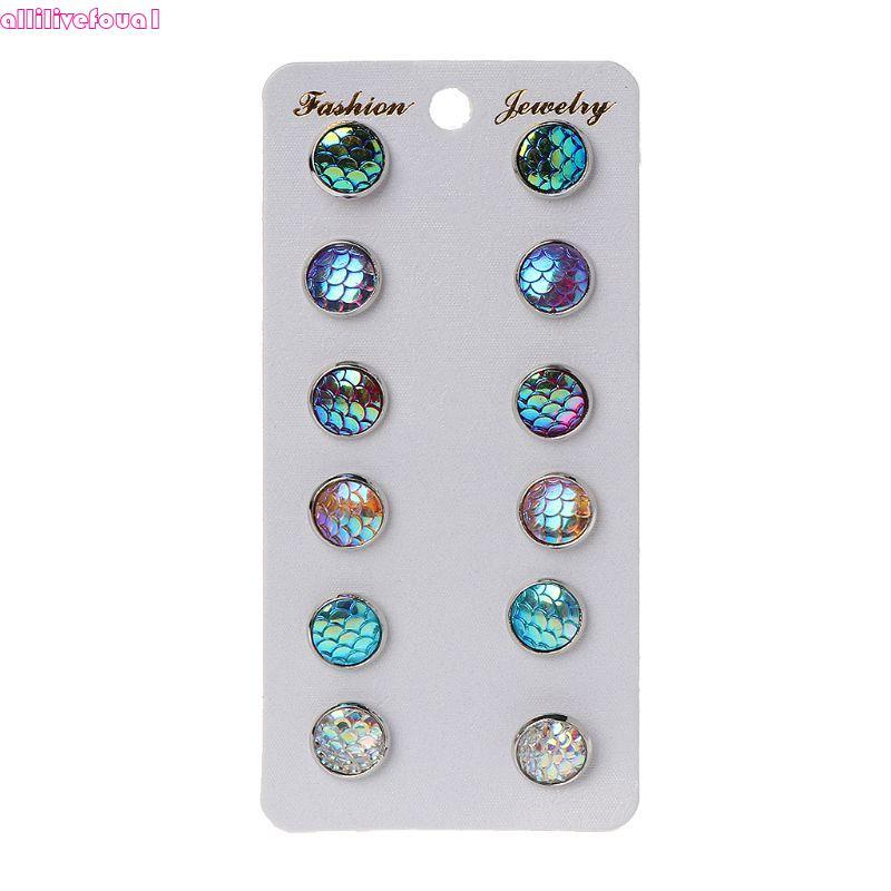 allilivefoua1 Brincos Elegantes 6 Pares Beleza Escala Peixe Conjunto Para Adolescentes