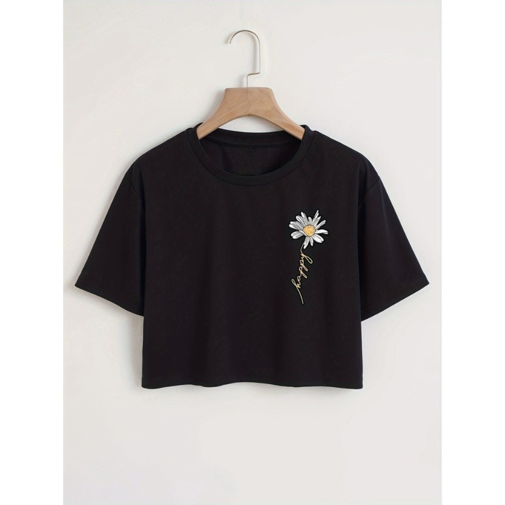 Cropped T-shirt curta feminina com padrões Margarida florais lateral confortável