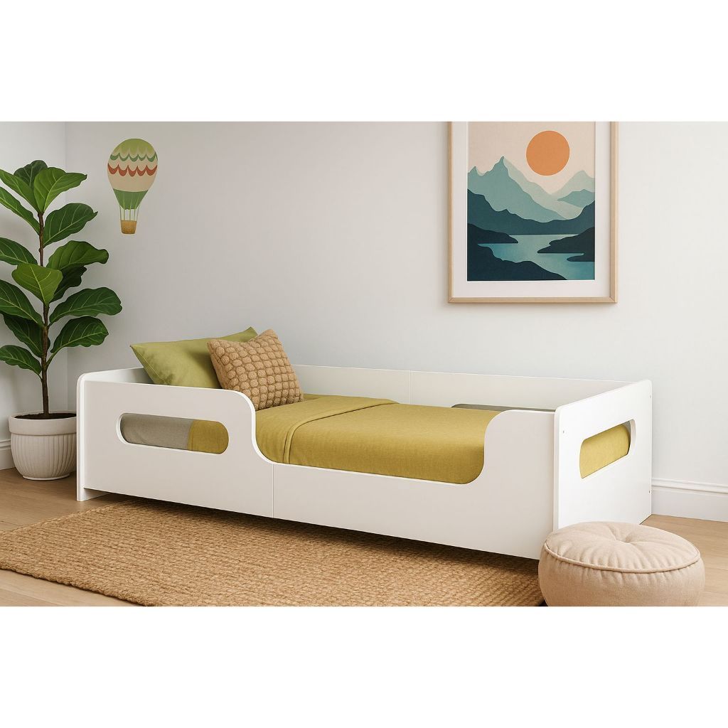 Cama De Solteiro Valentina Branca Montessoriana Juvenil Infantil Grade Proteção Lateral Baixa Quarto Criança Full