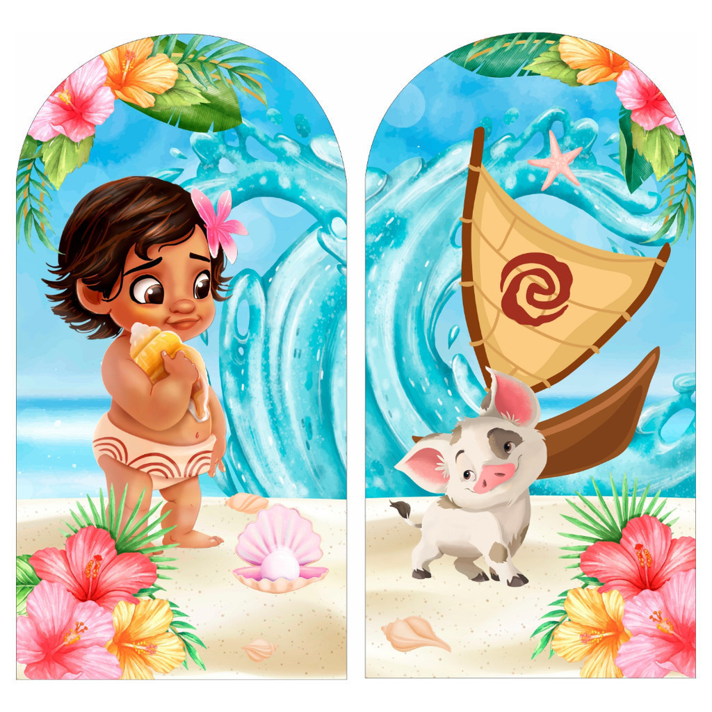 Kit 2 Painel De Festa Moana Cute Baby E Porquinho Romano 2x1 200cm x 100cm Tecido Sublimado