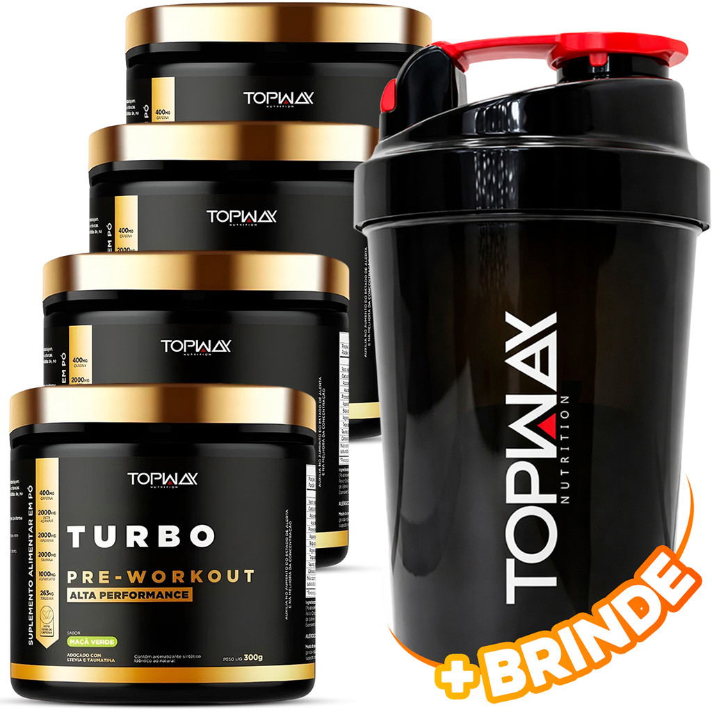 4x Topway Suplemento Pré Treino Workout Turbo Alta Performance 300g Sabor Maça Verde + Coqueteleira
