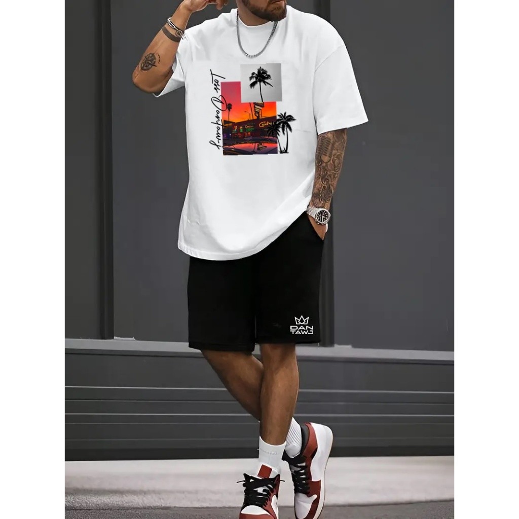 Conjunto Masculino Poster Coqueiro Kit Camiseta E Bermuda Camisa E Short Tectel