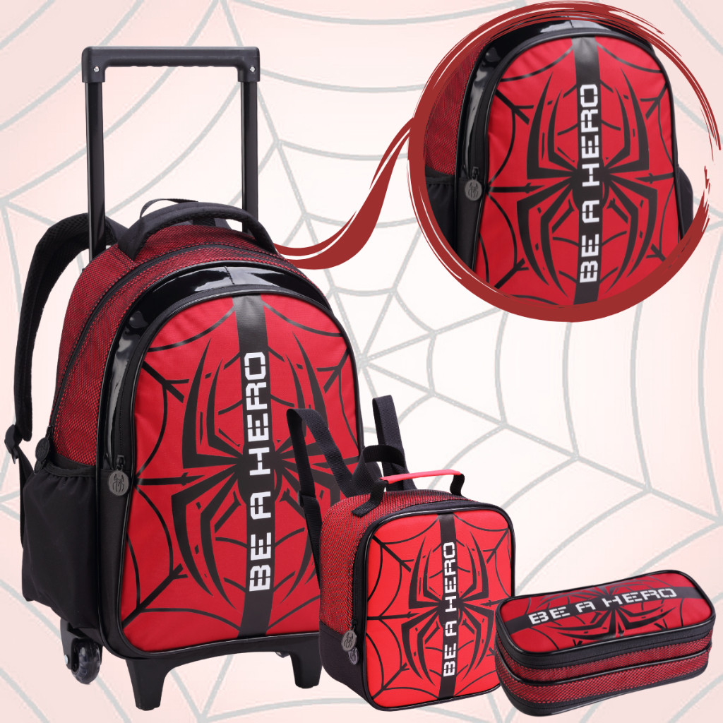Kit Mochila Escolar Rodinha Infantil Grande Menino Alça Top Lancheira Estojo Carrinho Aranha Gamer