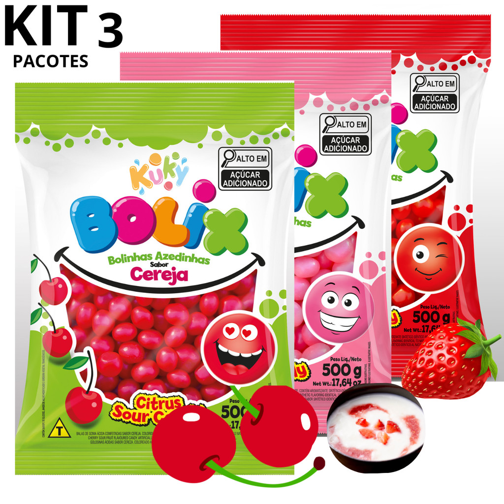 KIT Bala De Goma Azedinha Bolix Cereja ,Iogurte,Morango 500g - Kuky