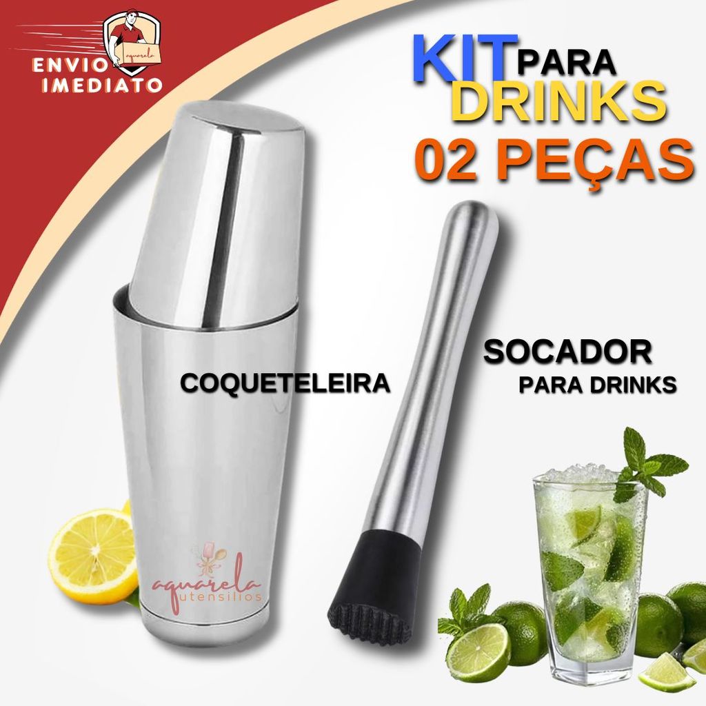 Kit Coqueteleira Dupla 820ml + Socador Macerador Aço Inox Profissional Para Drinks, Bebidas, Barmen