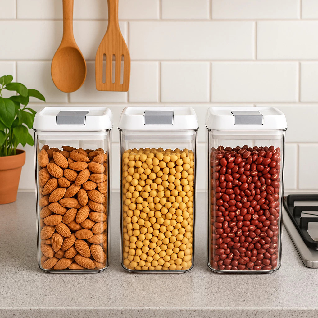Kit 3 Potes Compridos Herméticos Armazena Grãos Feijão Cereais Arroz Cozinha Conserva Guarda Alimento Recipiente Arroz