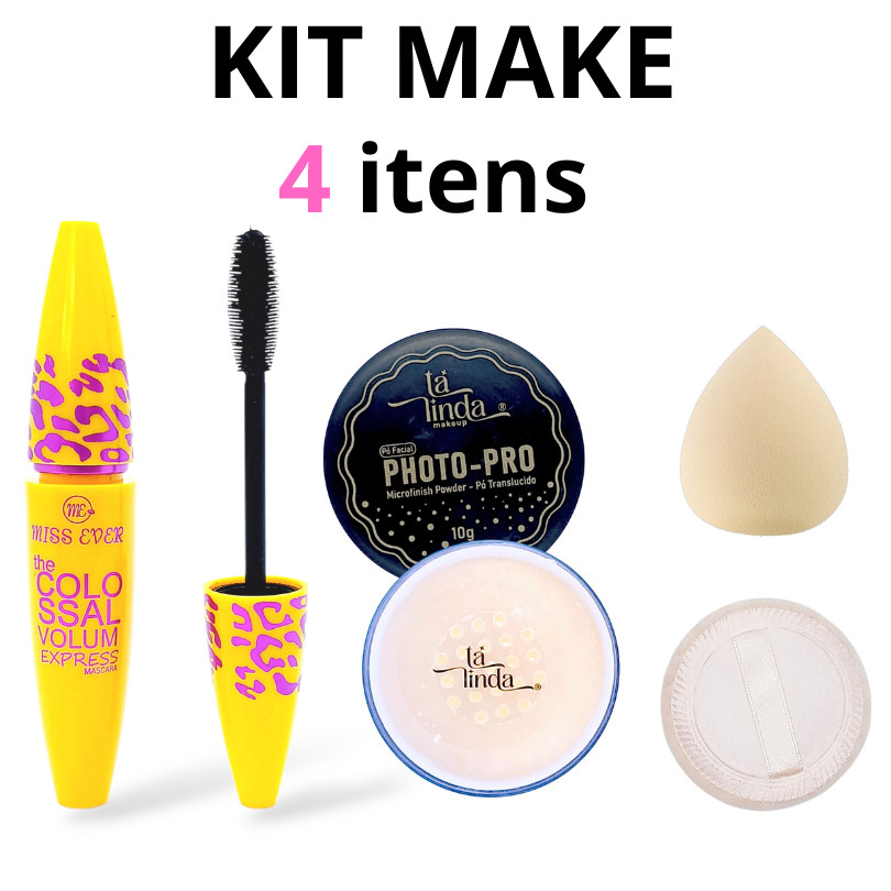 Kit Maquiagem 4 Itens: Rímel Máscara de Cílios + Pó Translúcido Matte + Esponja Gota + Puff de Pó Facial - Promoção