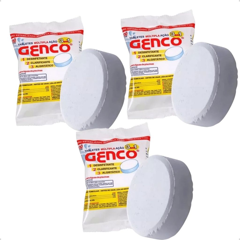 Kit 3 Pastilhas Cloro Genco 3 Em 1 Tablete 200g Múltipla Ação Original em Oferta na Shopee