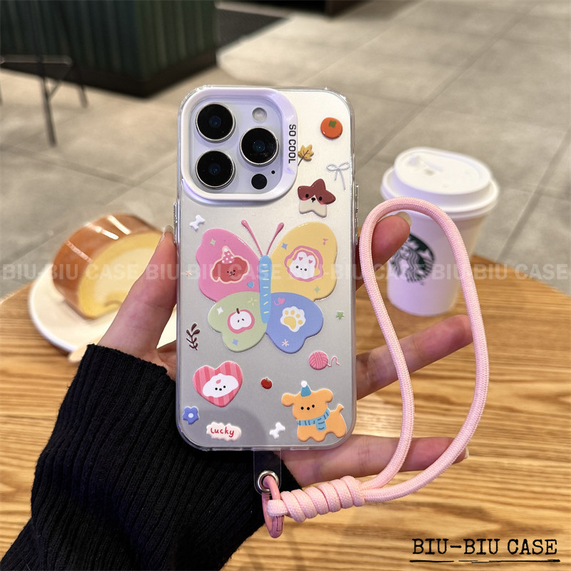 Capinha capa deBorboleta Arco-Íris iPhone 17 11 12 13 15 14 16 Pro Max Xr Xs Max 7+ 8+ pulseira rosa Capa TPU choque