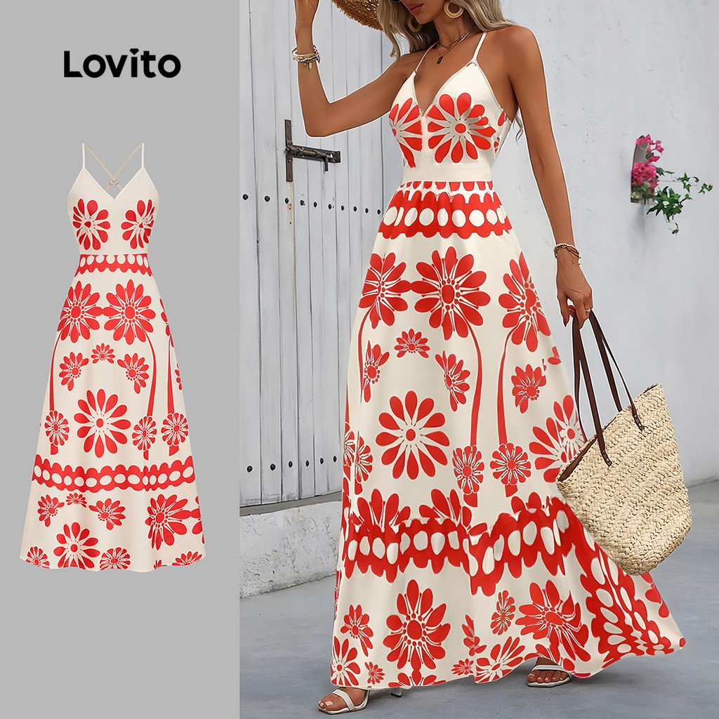 Lovito Vestido Longo Boho Étnico Estampado Carnaval Novo Visual Com Zíper Laranja Primavera/verão Para Mulheres LBL32068 em Oferta na Shopee