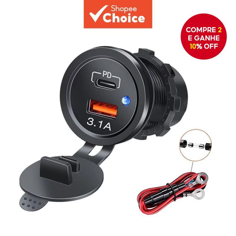 2025 Mais Novo Carregador de Carro e Motocicleta Luz LED USB Tipo-C Carregador de Tomada de Energia Isqueiro de Carro à