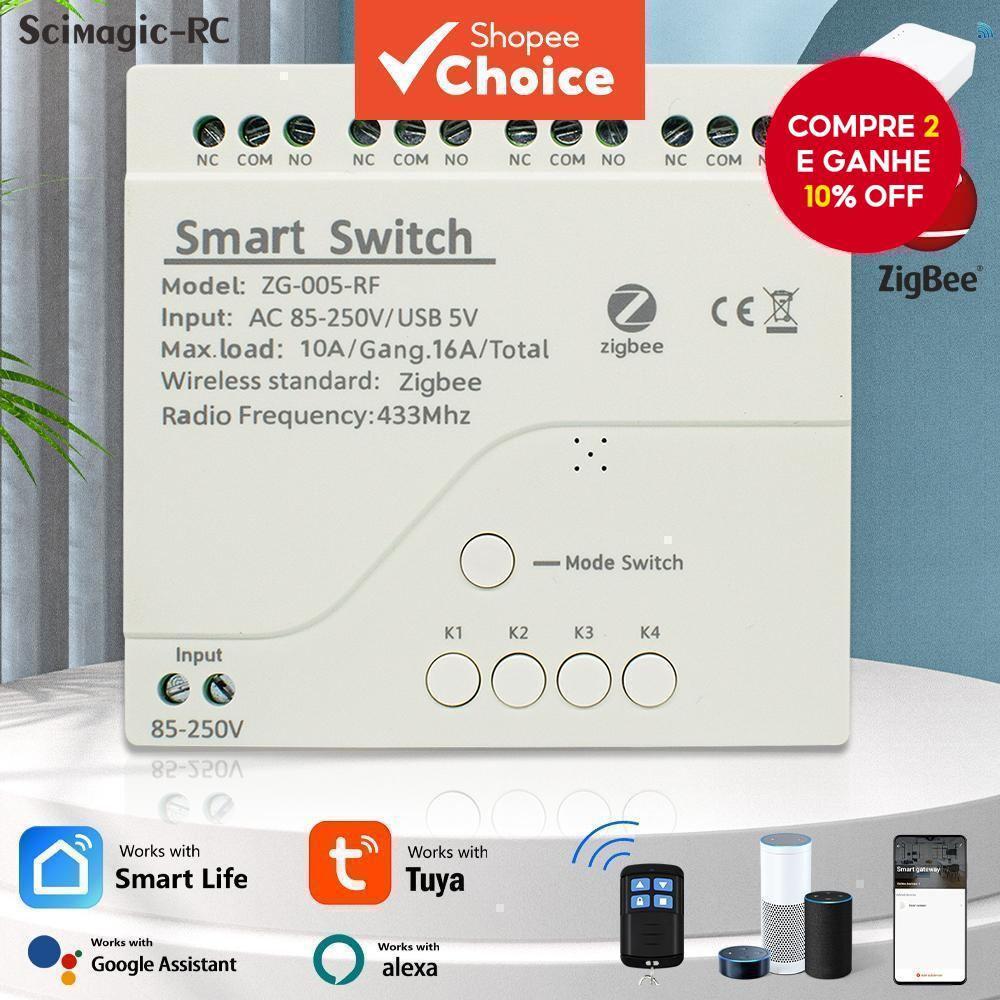 4CH Zigbee Funciona com Tuya Smart Home Módulo Relé 85-250V Relé AC DC 7-32V 85-250V Funciona com Alexa Google