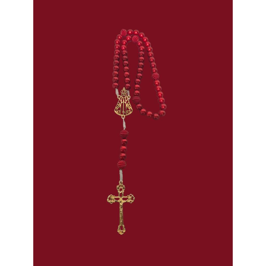 Terço Nossa Senhora Aparecida Vermelho Entremeio Dourado + Crucifixo Dourado