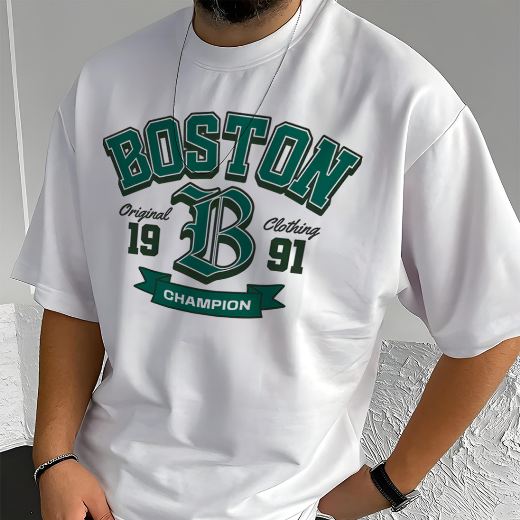 Camiseta Masculina Oversized 100% Algodão Estampa Estilosa Boston Champion 1991 Moda Urbana Streetwear