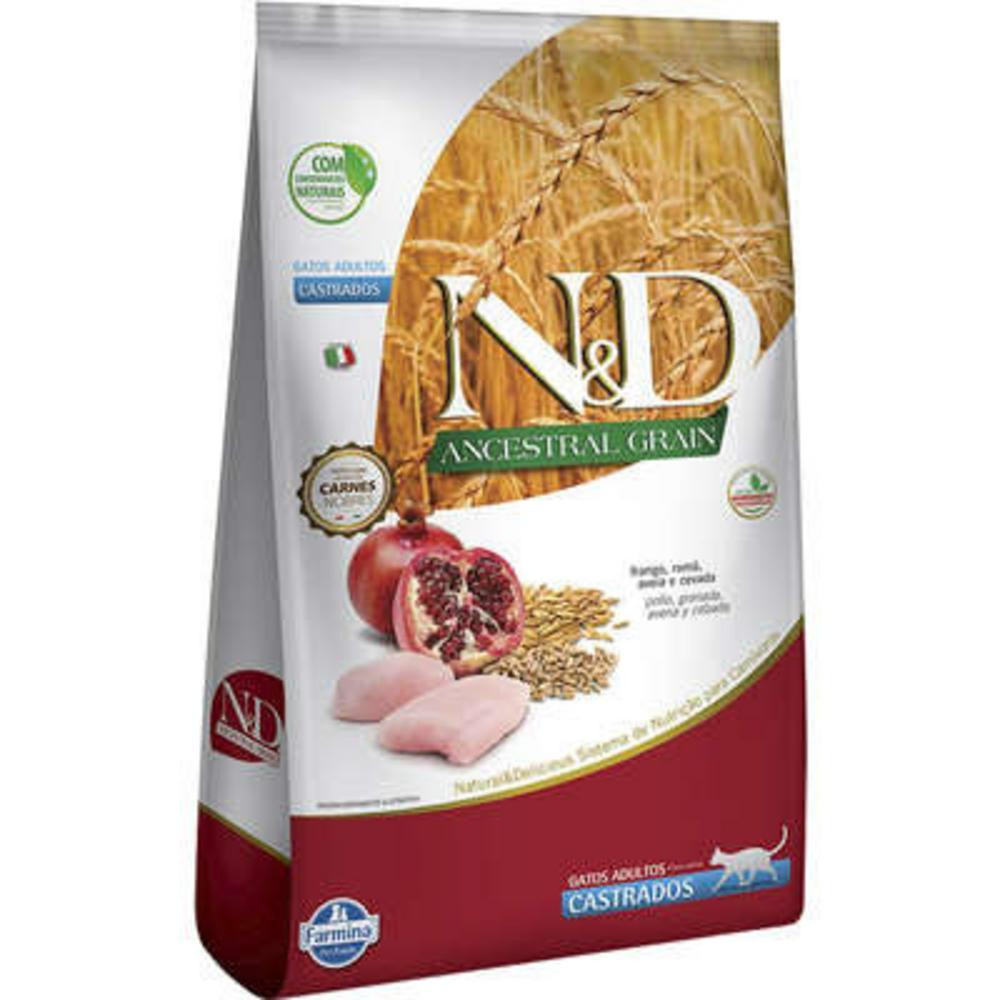N&D Ancestral para Gatos Adultos Castrados de Todas as Raças Sabor Frango, Romã, Aveia e Cevada 400g