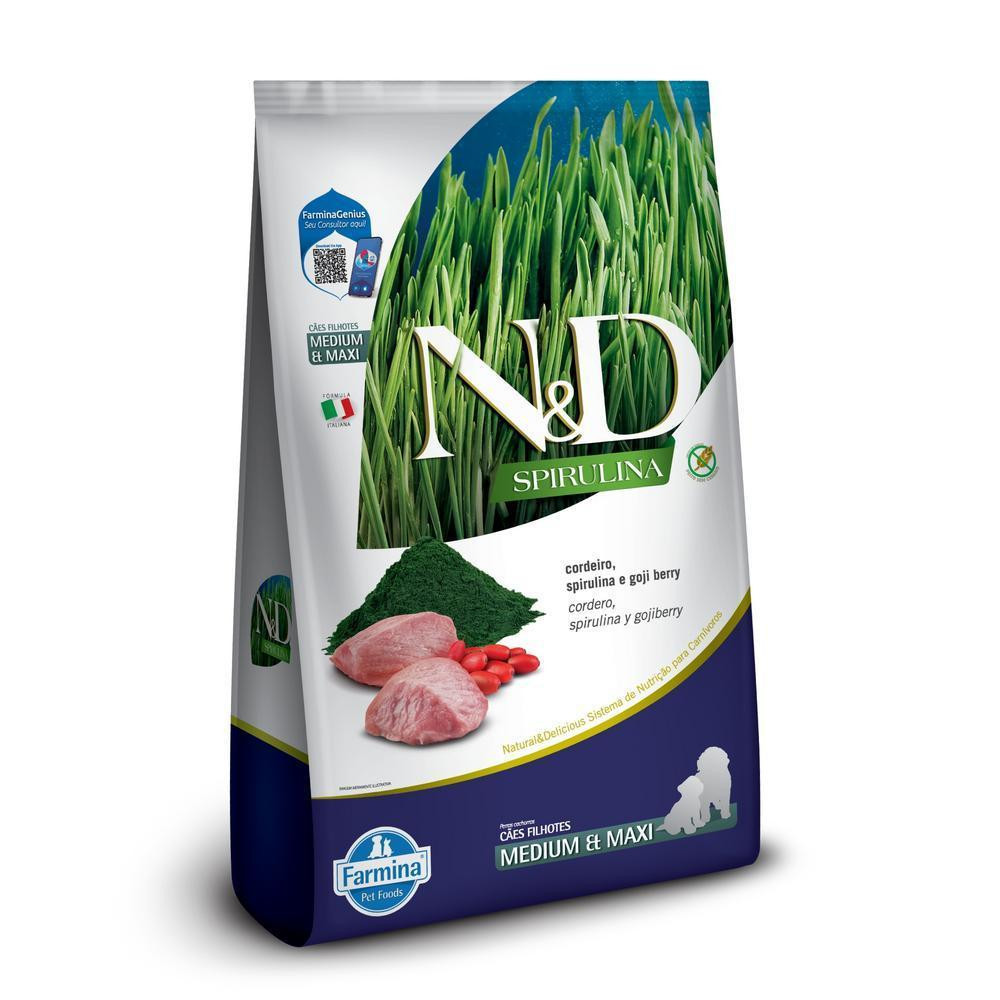 Cães Filhotes de Raças Médias e Grandes Sabor Cordeiro, Spirulina e Goji Berry 10,1Kg N&D Spirulina