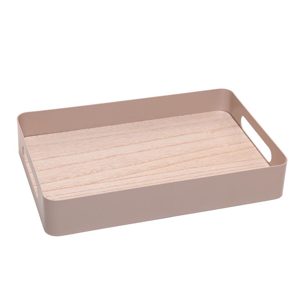 Bandeja Virelli 30cm com Fundo de Madeira Bege Metal Lyor para Servir Decorar Organizar Mesa Aparador Café Casa Elegante