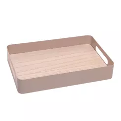 Bandeja Virelli 30cm com Fundo de Madeira Bege Metal Lyor para Servir Decorar Organizar Mesa Aparador Café Casa Elegante