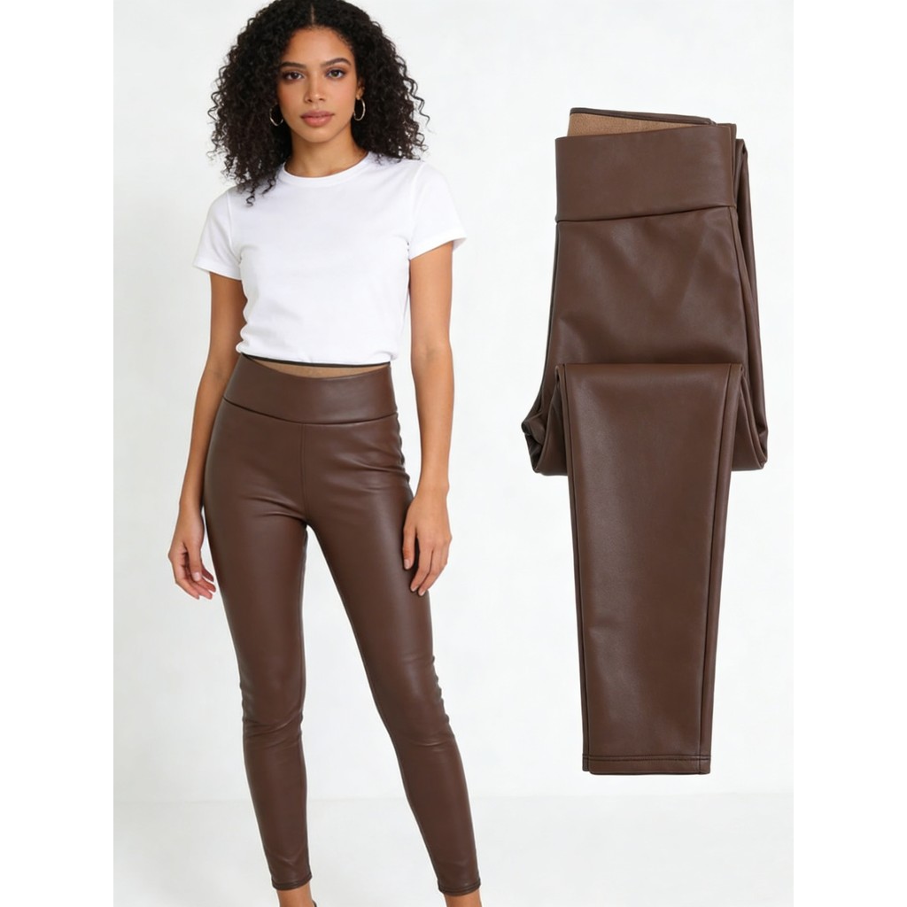 Extra Grosso Calça Legging Feminina Térmica em Couro Sintético com Forro Interno | Inverno Intenso, Cintura Alta em Oferta na Shopee