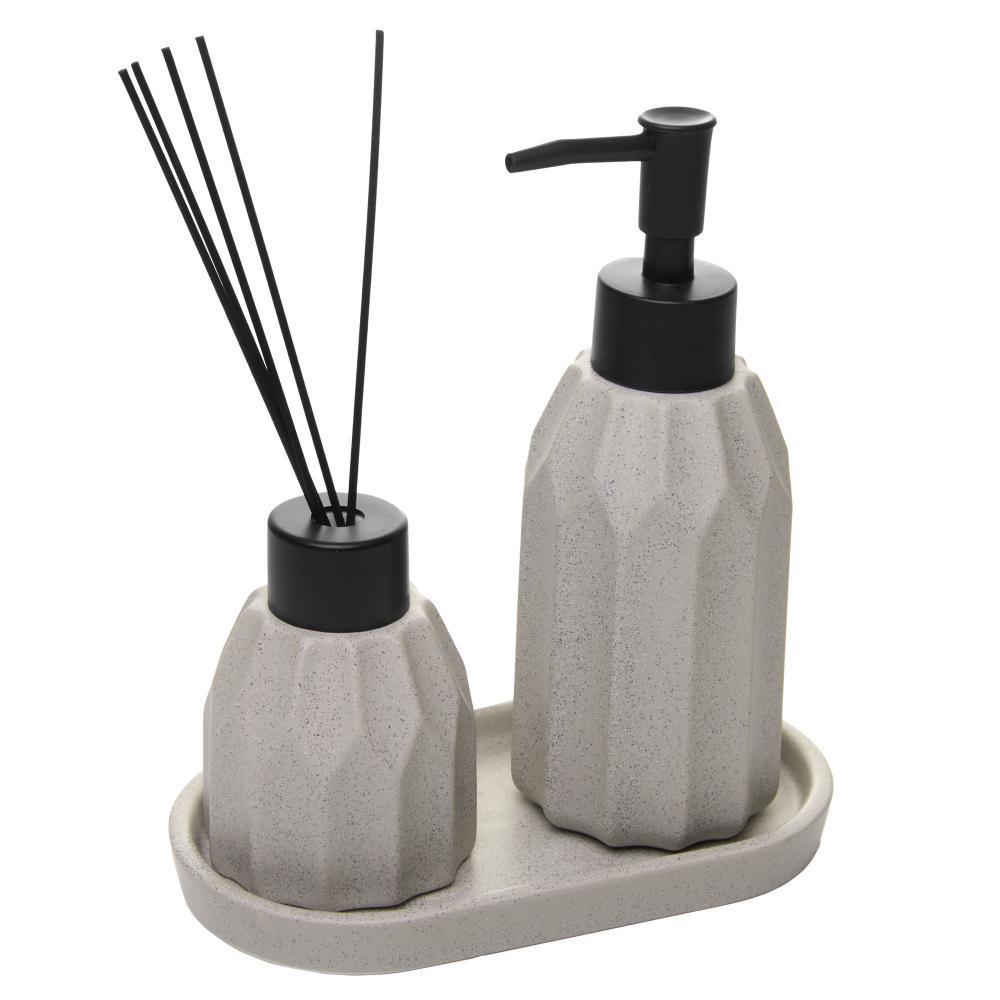 Conjunto 3 Peças para Banheiro Wolff Aromatta Cinza Cerâmica Porta Sabonete Líquido Difusor e Bandeja Organizadora 290ml