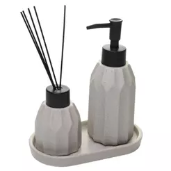 Conjunto 3 Peças para Banheiro Wolff Aromatta Cinza Cerâmica Porta Sabonete Líquido Difusor e Bandeja Organizadora 290ml