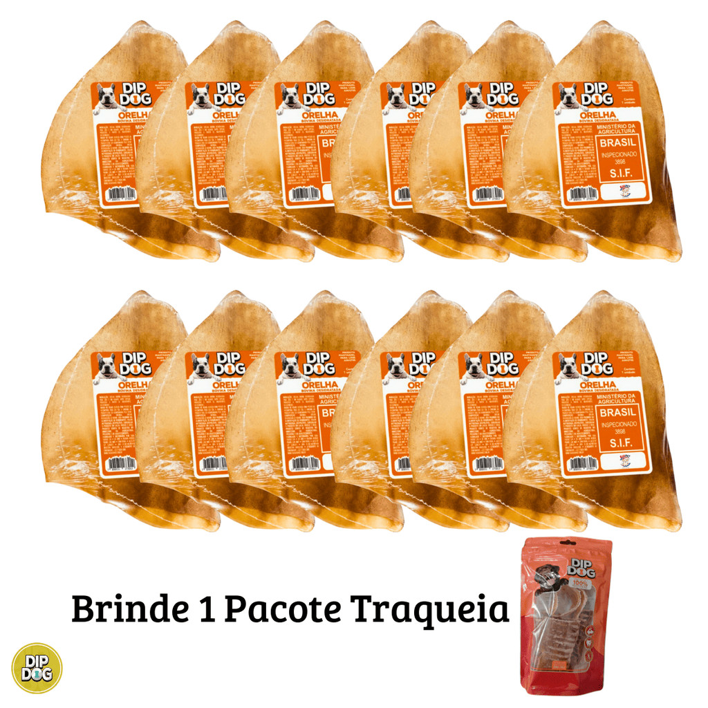 Kit Pacote com 12 Orelhas  Bovina Mordedor Desidratado DIP DOG + Brinde 1 Pacote Mix Dip dog