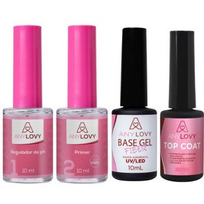 Kit Anylovy Regulador de PH + Primer Sem Ácido + Base Gel Fiber + Top Coat Nail Digner Unhas