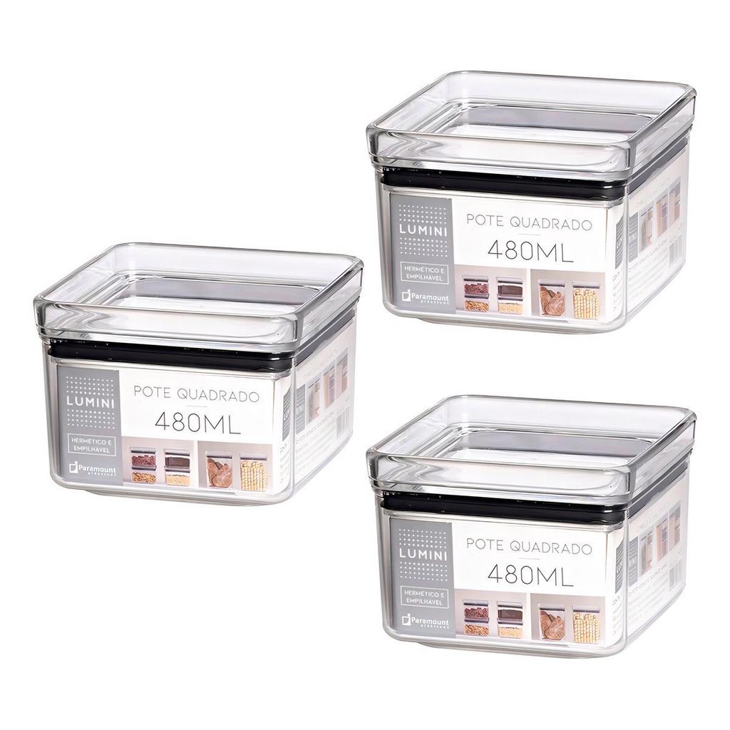 Pote Hermético Acrílico Quadrado Multiuso 480ml Kit 3 Un Cor Transparente Cozinha Mantimentos