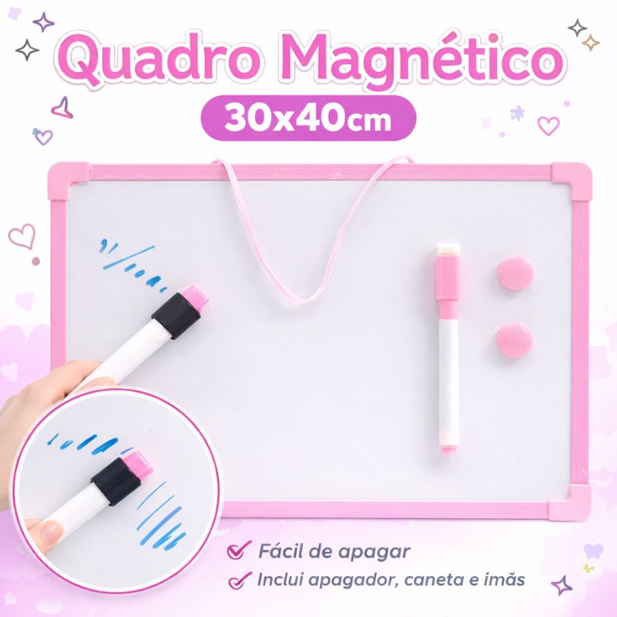 Lousa Quadro Branco Magnético Moldura Apagável C/Caneta E Imã 30x40cm Volta Ás Aulas