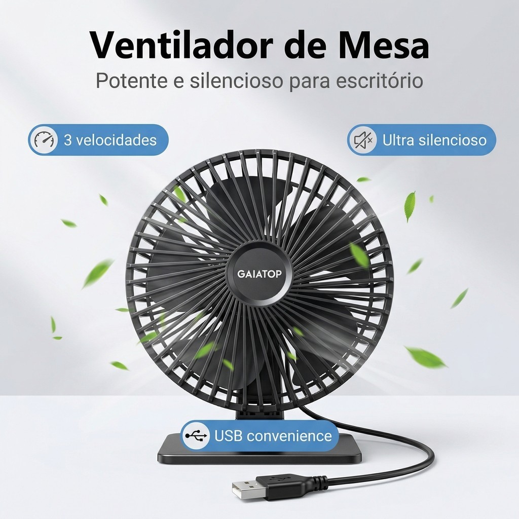 Ventilador Portátil de Mesa Gaiatop TF61 3 Velocidades com Cabo USB  Ultra Silencioso