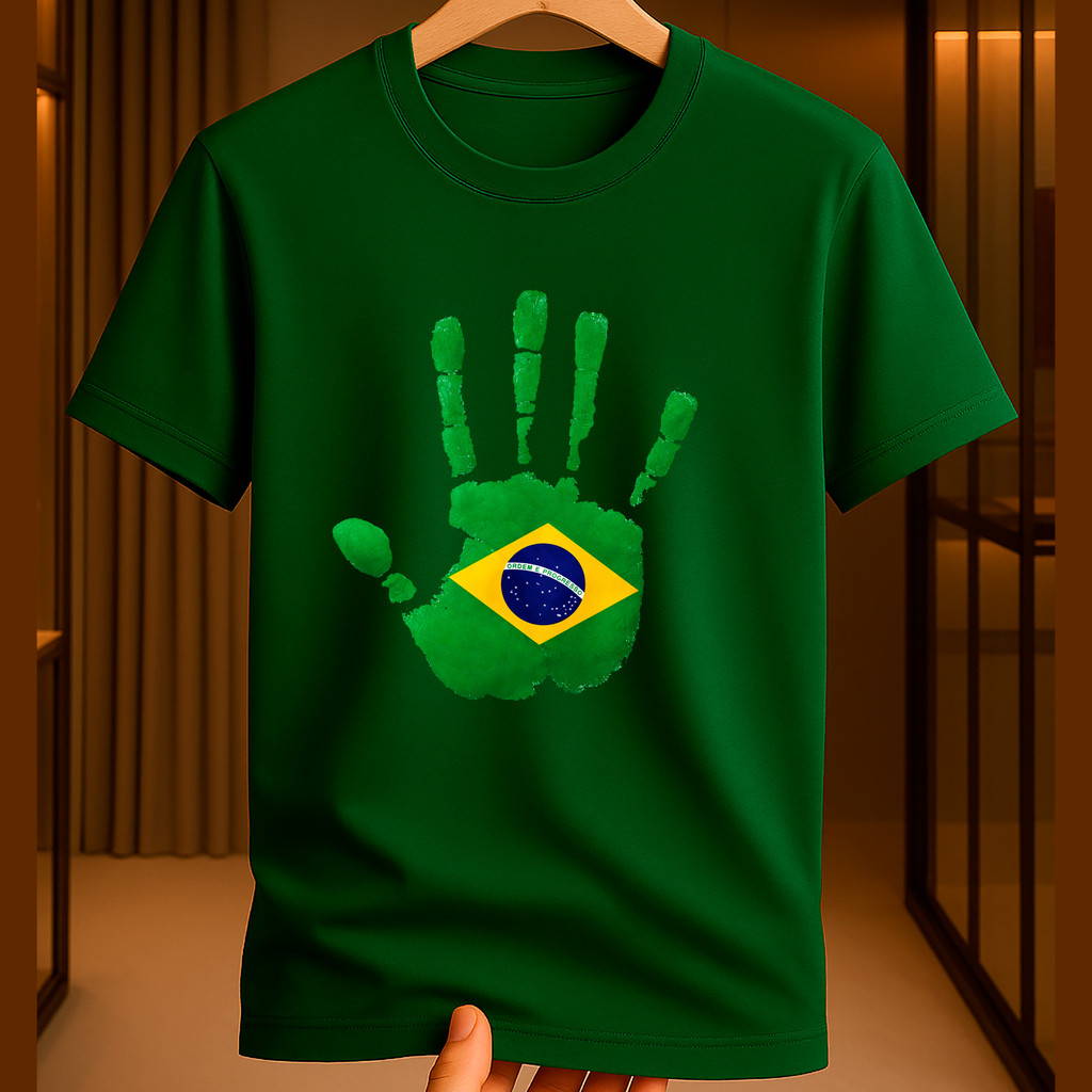 Camiseta 100% Algodão Infantil Brasil Futebol Estampa Hexa Gola Redonda Confortável Macia Premium