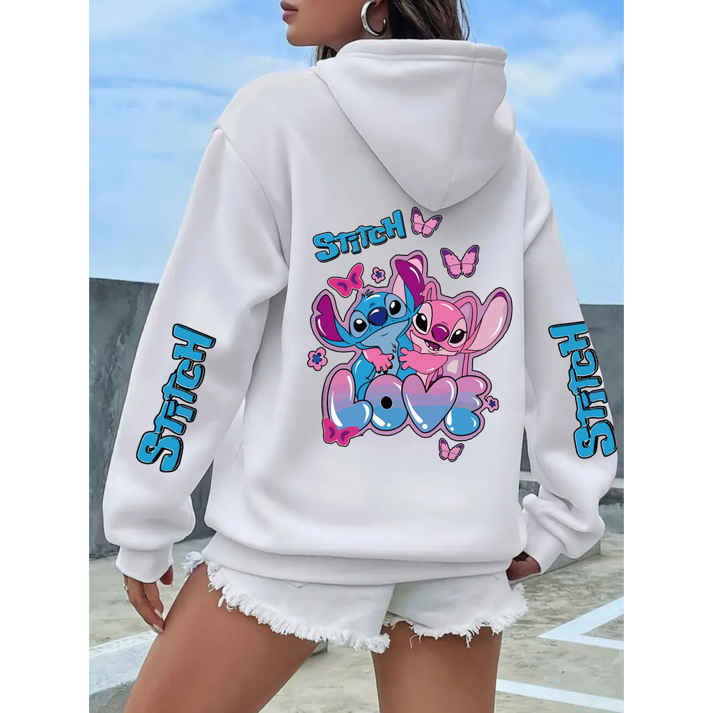 moletom feminino canguru blusa de frio com capuz estampas nas mangas stitch inverno bulso