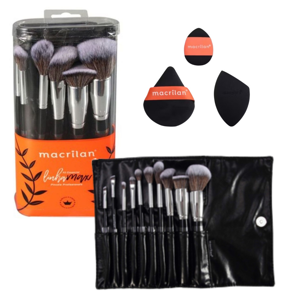 KIT 10 PINCEIS PROFISSIONAIS LINHA MAX MACRILAN A100 E TRIO ESPONJA DE MAQUIAGEM  EP26 MACRILAN
