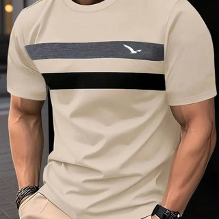 Camiseta Masculina Casual de Manga Curta com Gola Redonda e Contraste de Cores, Verão