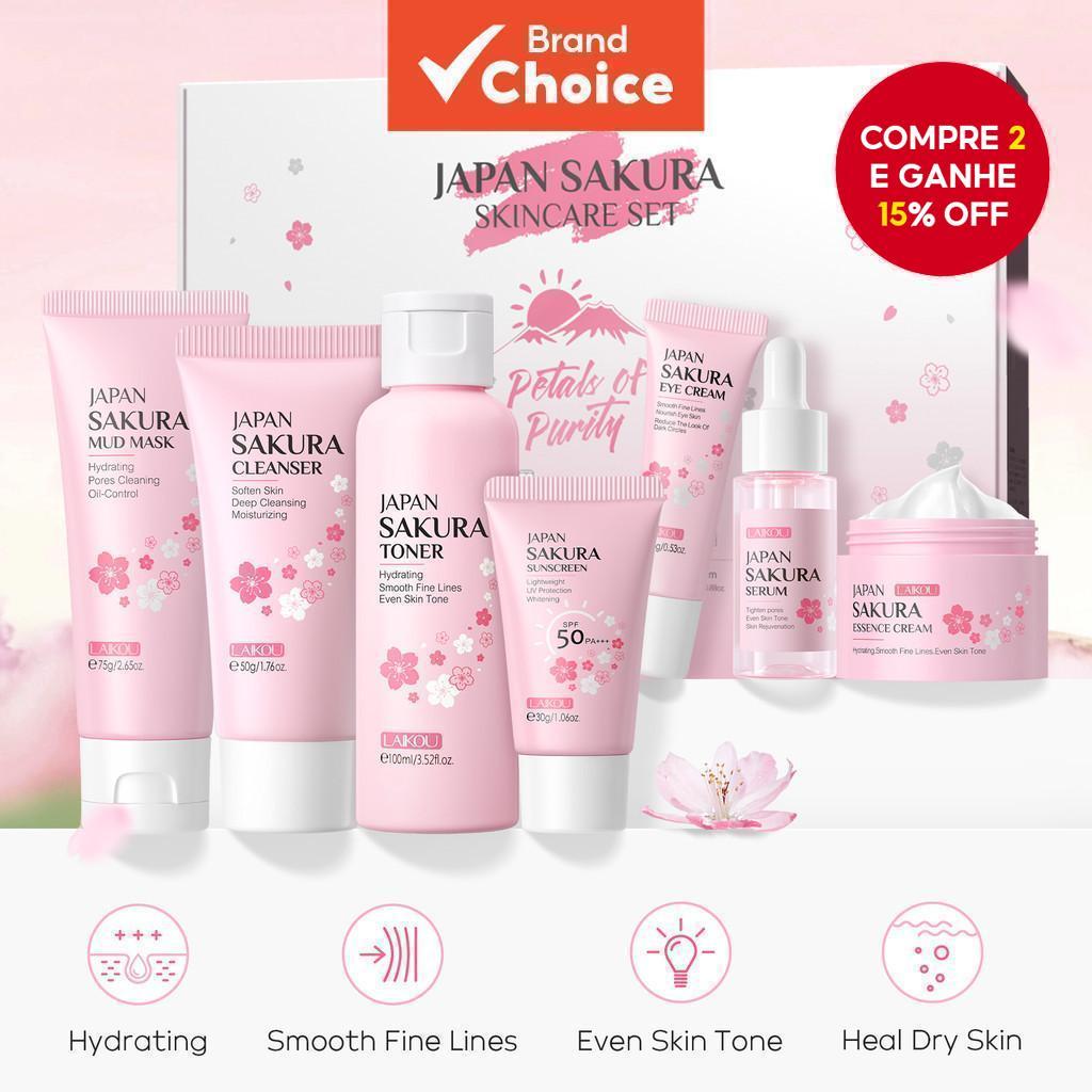 【 LAIKOU Japan Sakura Skin Care Set 7pcs 】 Reduce Pontos/Anti-Rugas/Radiante/Hidratante/Pele Suave