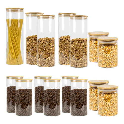 Kit 15 Potes Herméticos Vidro com Tampa de Bambu Vedação Eficiente Organização de Cozinha…