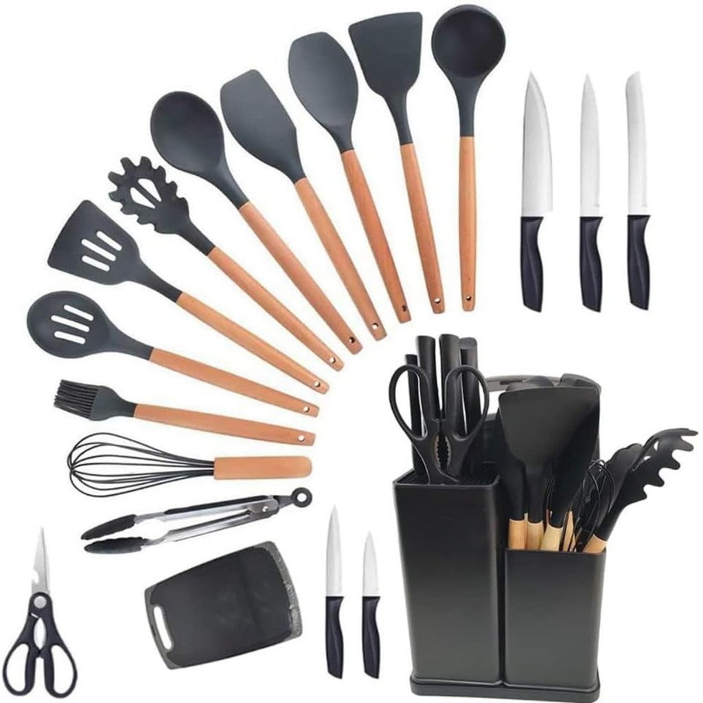 Kit Conjunto De 19 Peças Utensílios Cozinha Silicone Tabua Cor Preto