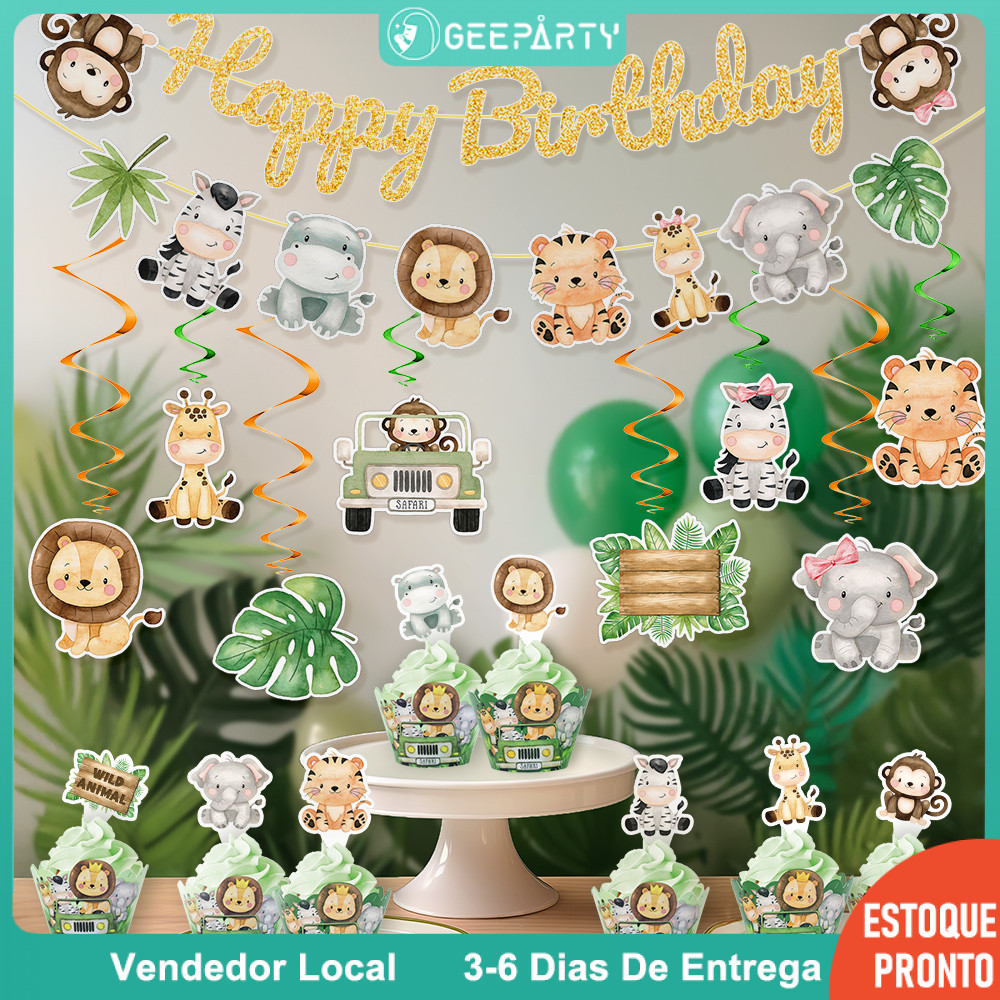 GeeParty Jungle Safari Feliz Aniversário Banner Espiral Pendurado Decorações Embalagem De Cupcake Para Crianças Necessid