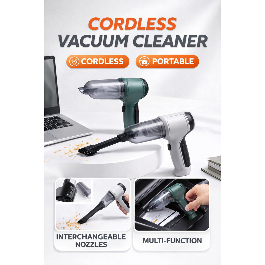 Aspirador Elétrico Portátil Sem Fio 9000Pa – Limpador Automotivo 3 Funções com Bateria Recarregável USB