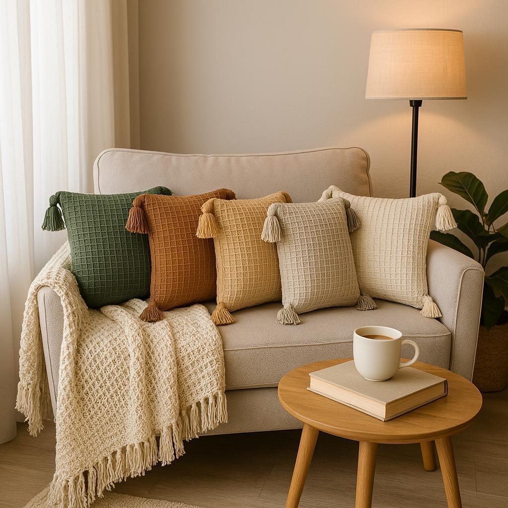 Capa de almofada boho 42x42 pompom piquet algodão bohochic