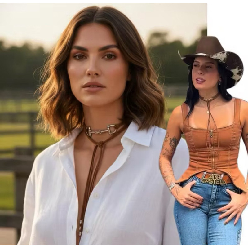 Gravatinha Colar Choker Boho Chic Country Ana Castela Couro Elegante Exclusivo Moda Rodeio Festa