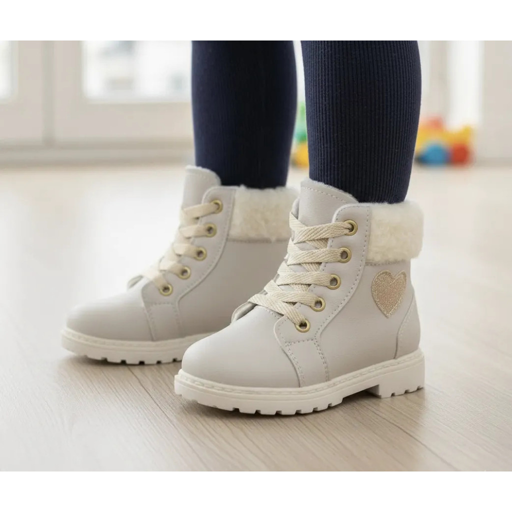 Bota Coturno Menina Off White Botinha Feminina Cano Curto Pelinho